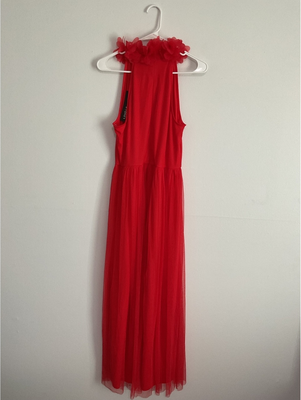 Lovely Grace Red Floral Neck Pleated Tulle Midi Dress NWT Size L - Picture 5 of 7